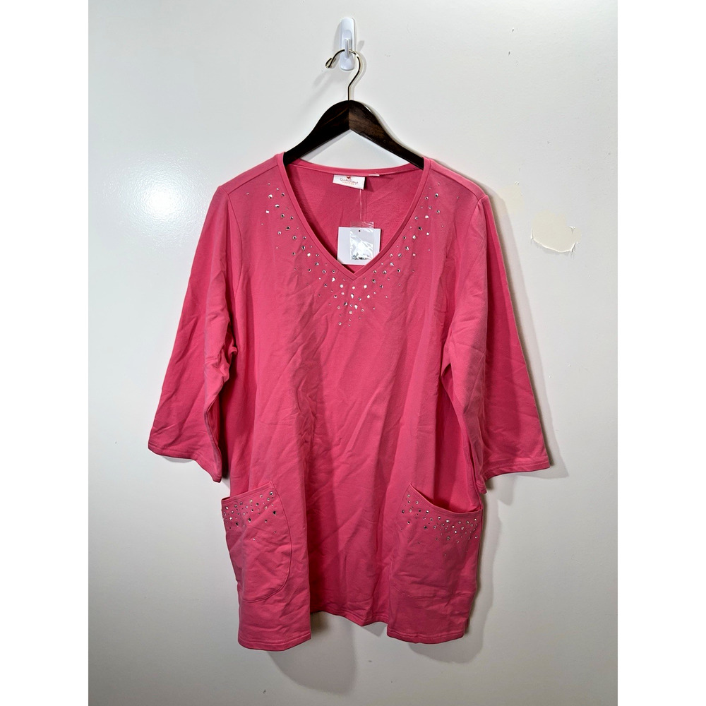 Quacker Factory Women’s Shirt Size 1X Pink NWTS Beaded Gems Pockets Casual Comfy